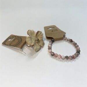 Beaded Pink / Gray Stone Bracelet & Woven Flower adjustable Ring Set